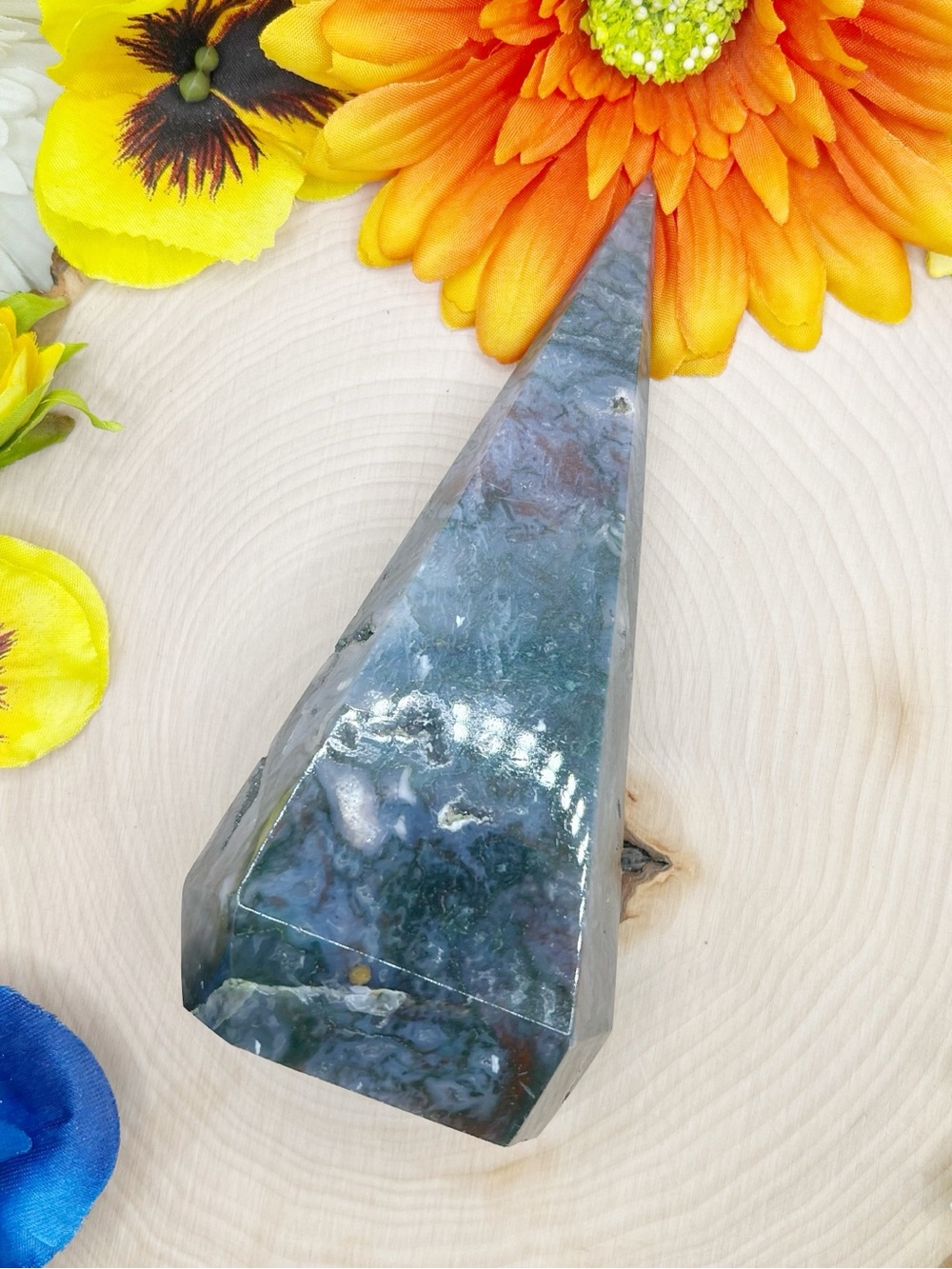 Polished Moss Agate Crystal Tower (B)- Green and Blue Tones